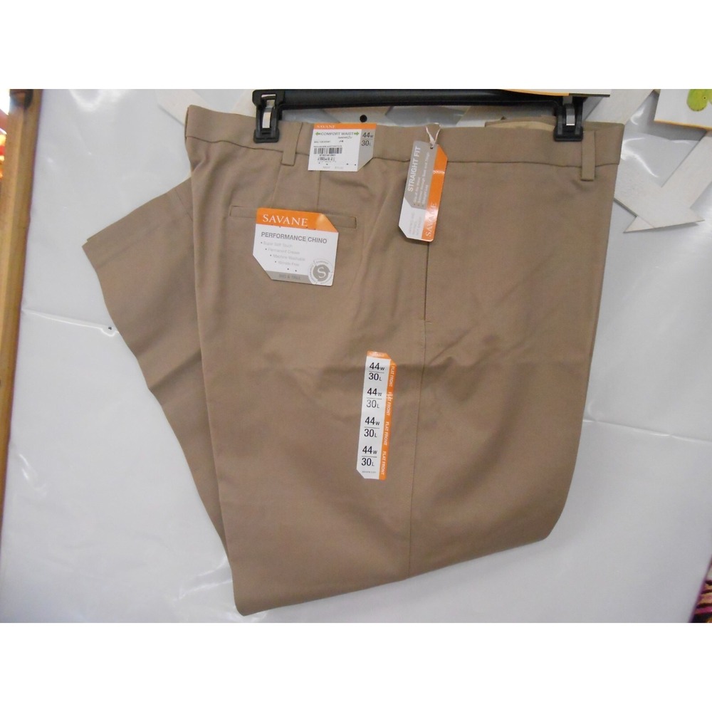 NEW Savane Mens Performance Comfort Chino Khaki Flat Slacks Dress Pants 44W 30L